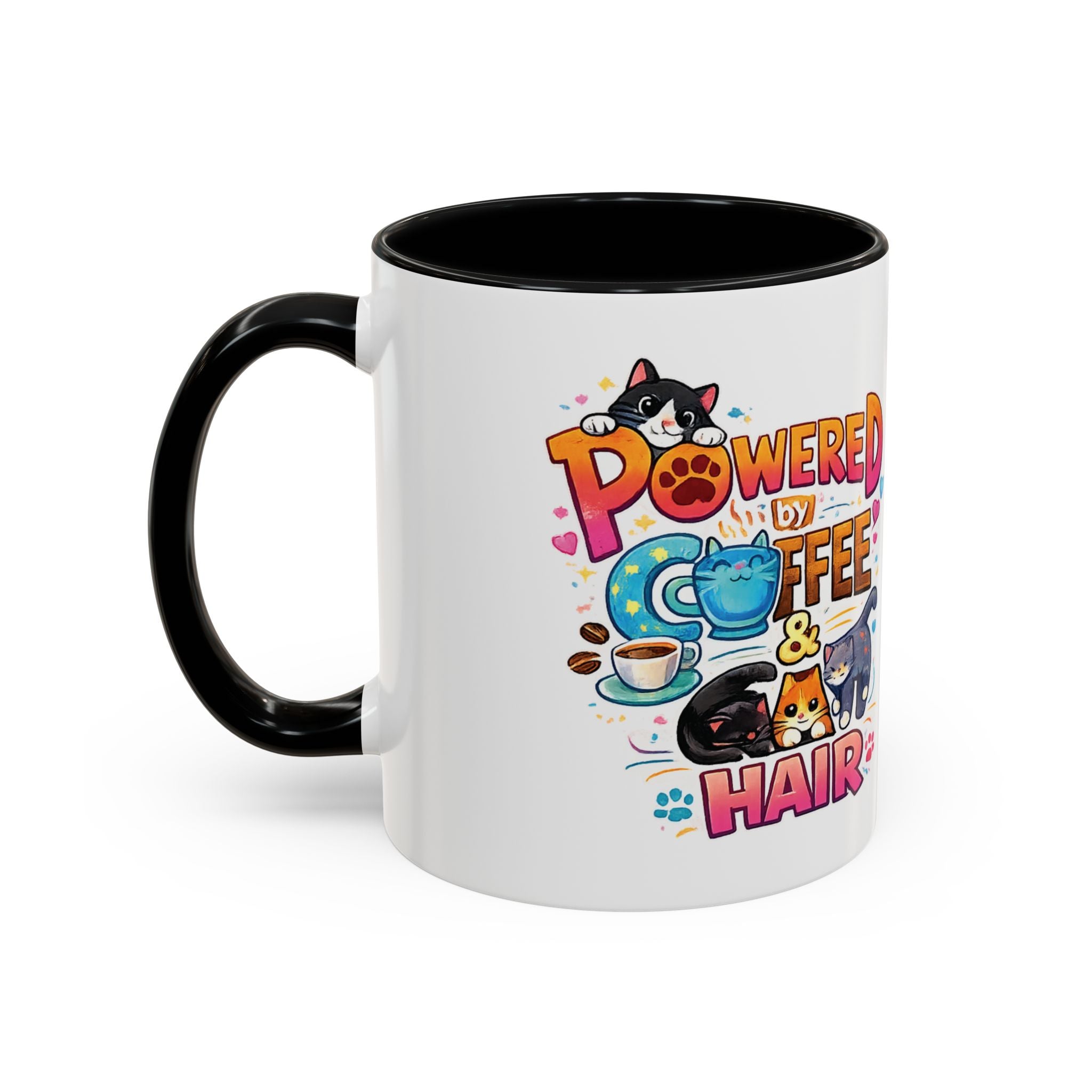 Coffee Mug — "Powered by Coffee & Cat Hair" Cute Cat Lover Ceramic Mug (11/15oz)