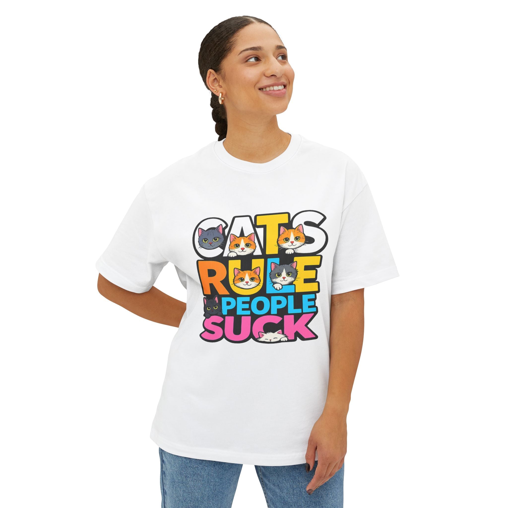 Cats Rule People Suck Graphic Tee — Cute Cat Faces Oversized T‑Shirt