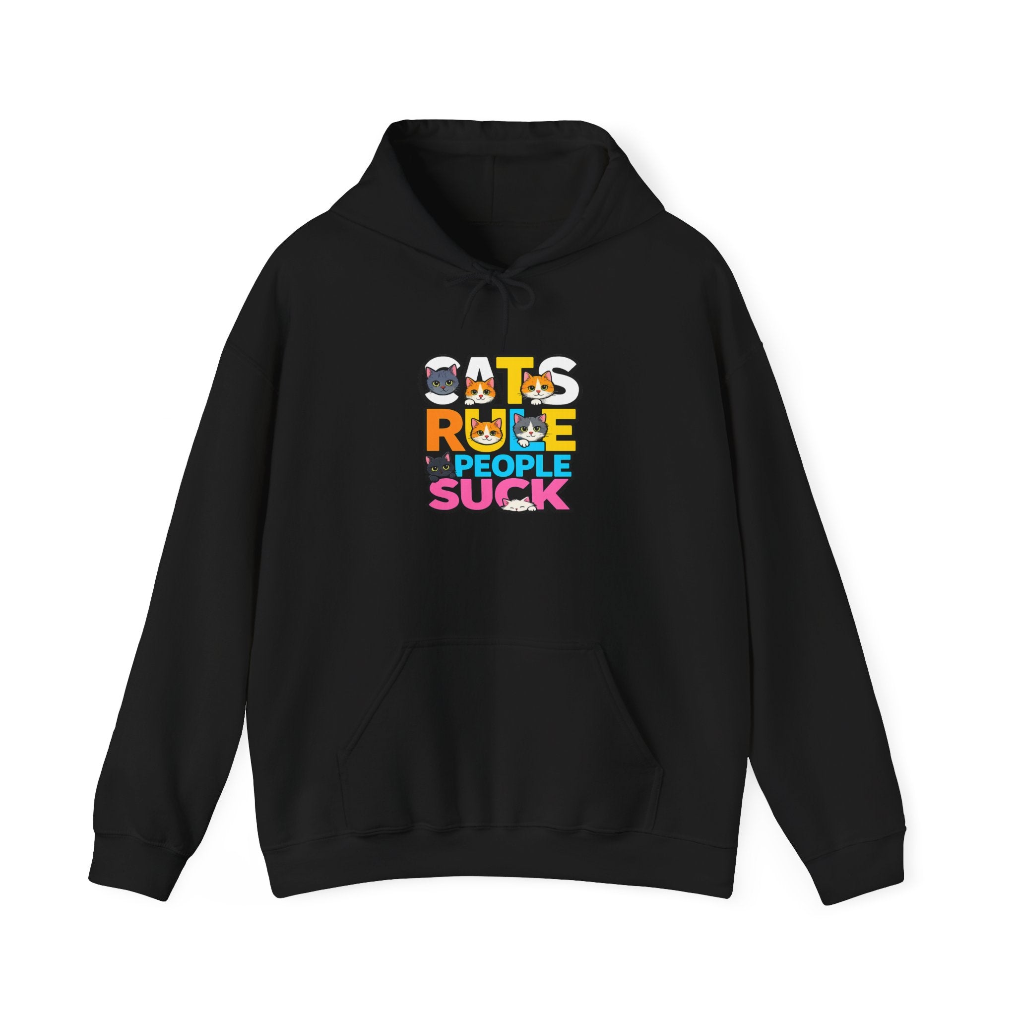 Hoodie — "Cats Rule, People Suck" Colorful Cat Lover Graphic