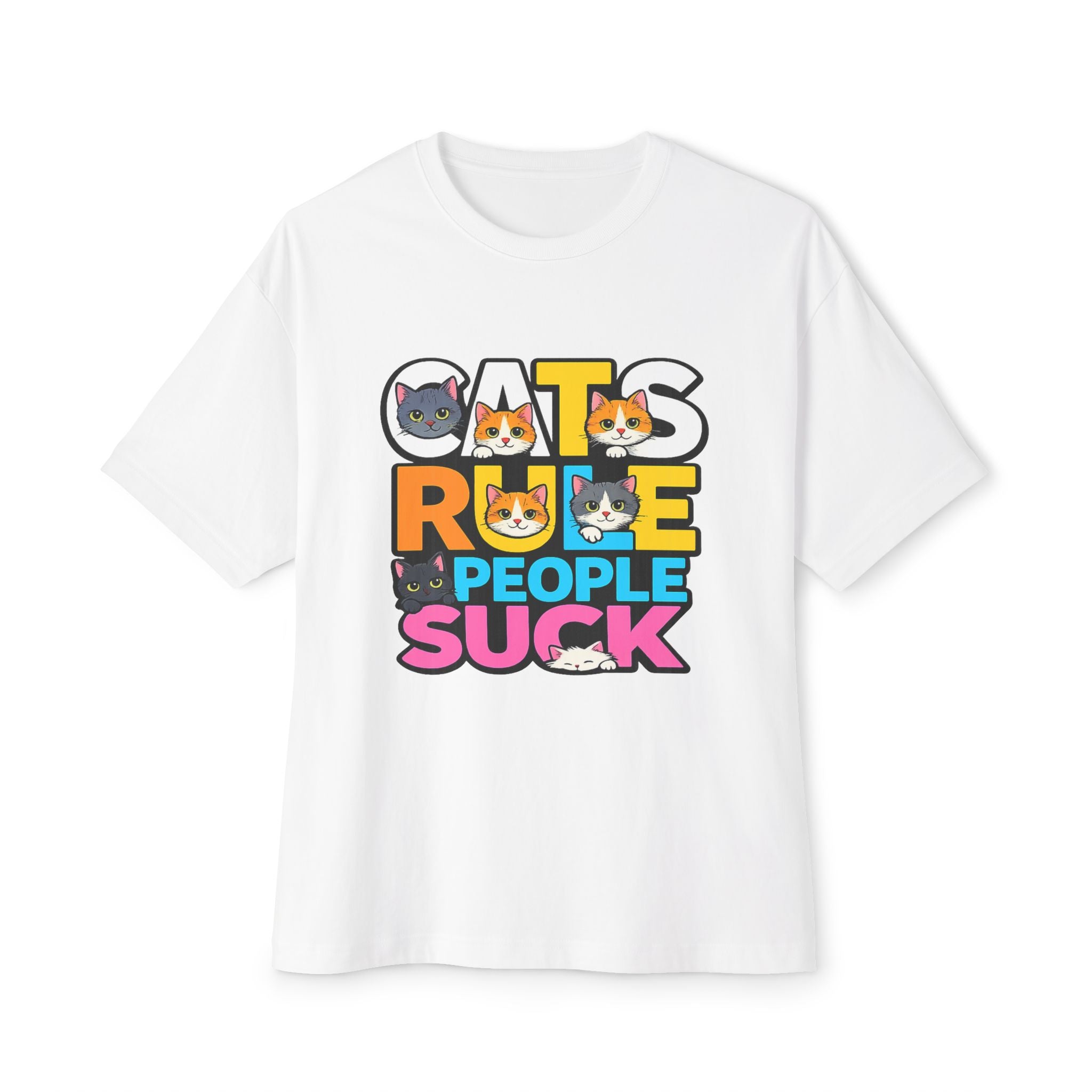 Cats Rule People Suck Graphic Tee — Cute Cat Faces Oversized T‑Shirt